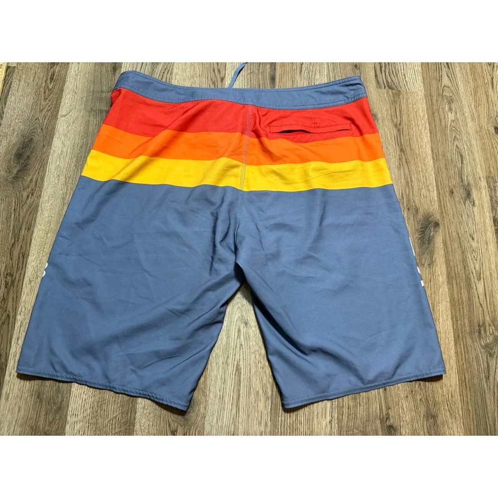 Fox Racing Board Shorts Mens Size 36 Blue Striped Swim Trunks Surf Retro Logo